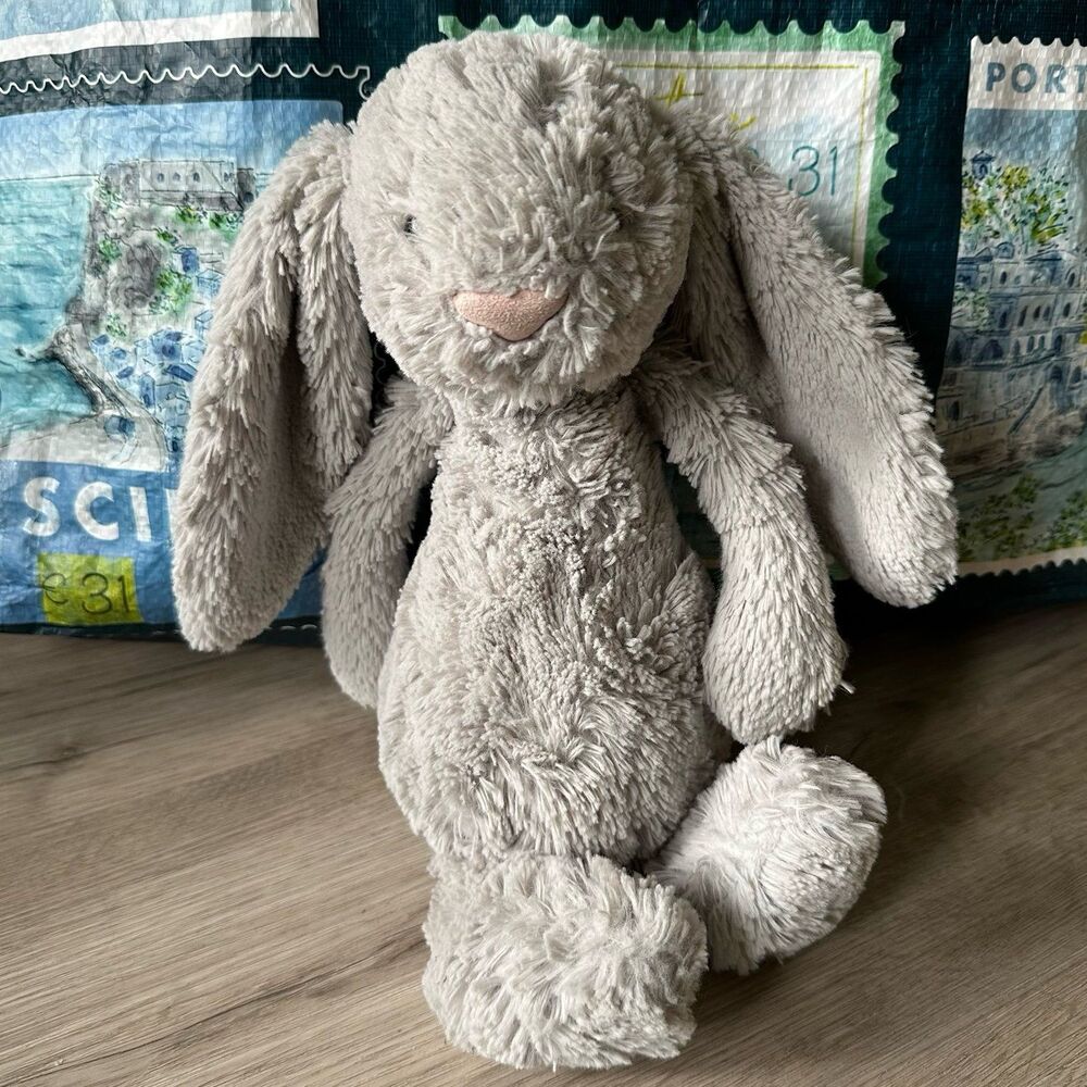 Jellycat Medium Bashful Bunny Rabbit Plush Gray Shaggy Fur